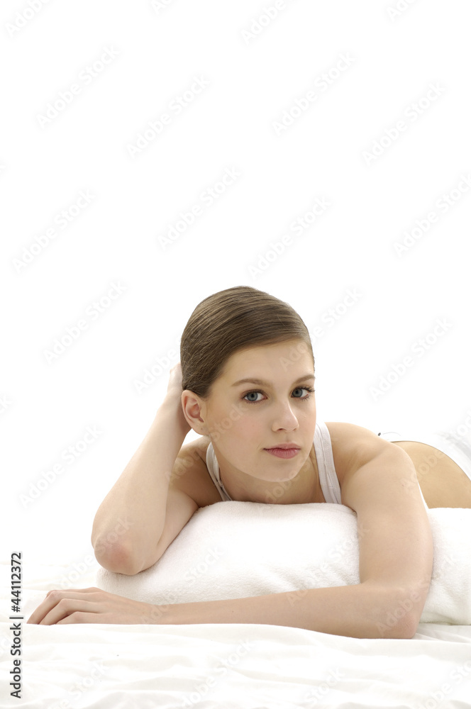 Portrait of Fresh and Beautiful brunette woman on bed Portrait of Fresh and Beautiful brunette woman on bed