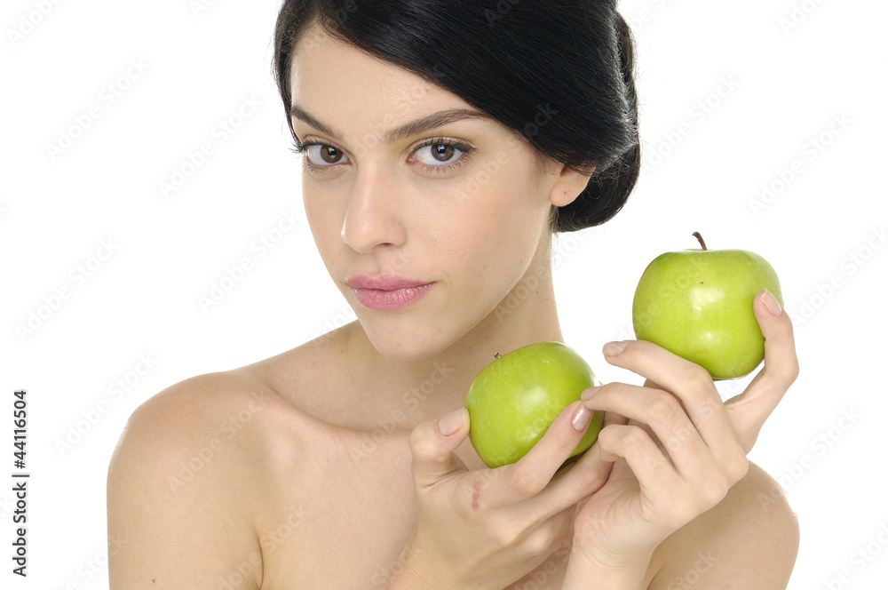 Beautiful smiling young woman presenting 2 apples Beautiful smiling young woman presenting 2 apples