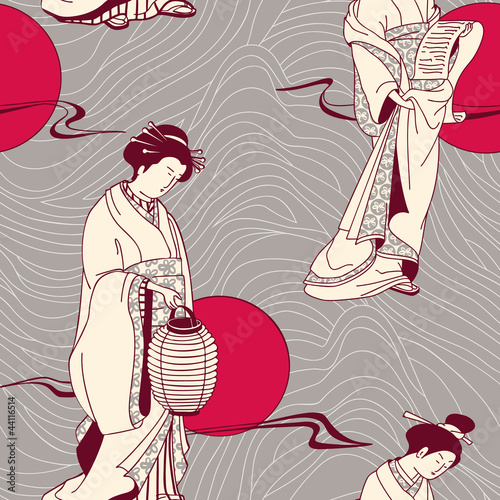 Vector of traditional Japanese Geisha seamless pattern