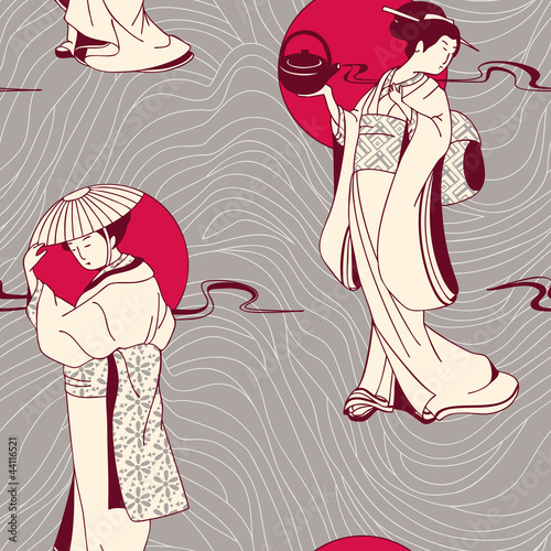 Vector of traditional Japanese Geisha seamless pattern