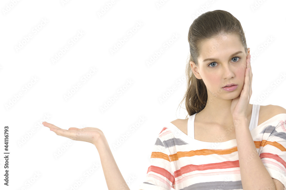 beautiful woman showing something on the palm of her hand beautiful woman showing something on the palm of her hand