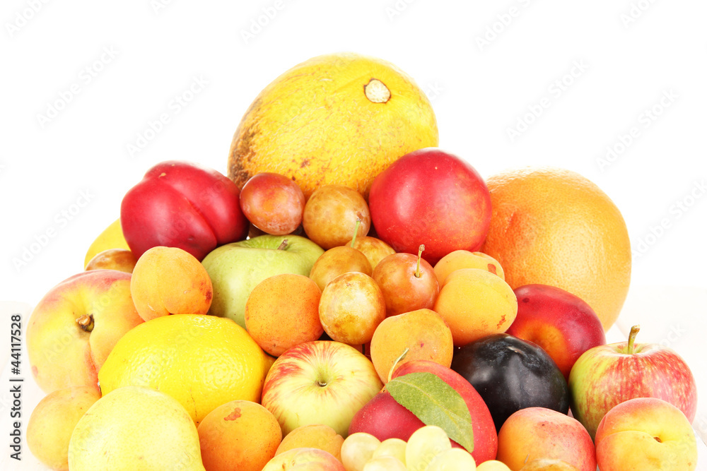 Still life of fruit on wooden table isolated on white Still life of fruit on wooden table isolated on white