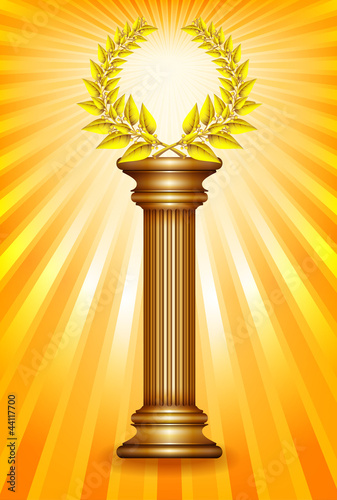 Award column with golden winner laurel wreath over sun rays