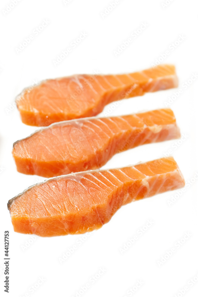 3 pieces of Raw Salmon Slices on white background