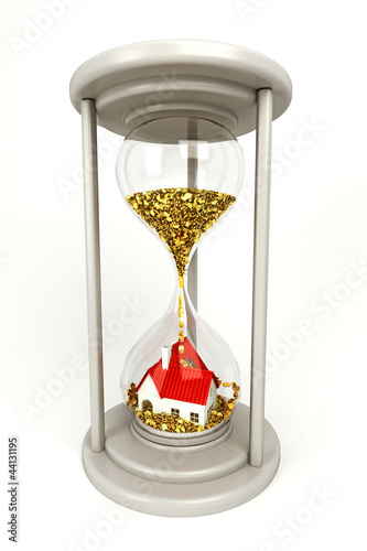 3d illustration of gold coin pouring on house in hourglass