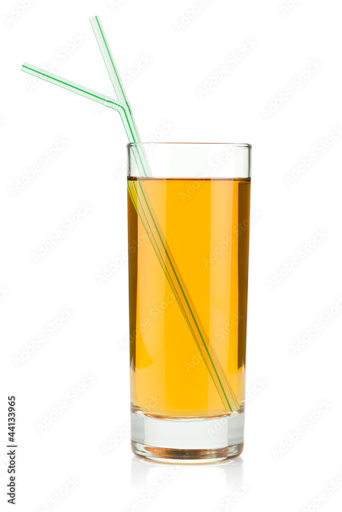 Apple juice in a glass with drinking straws Apple juice in a glass with drinking straws