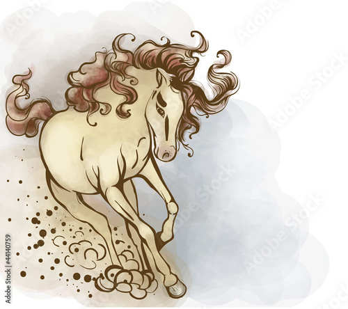 Horse yellowish, with a bright tail and mane.