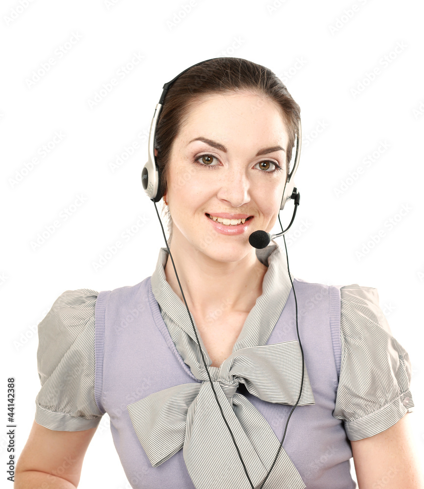 A smiling customer service girl isolated on white background A smiling customer service girl isolated on white background