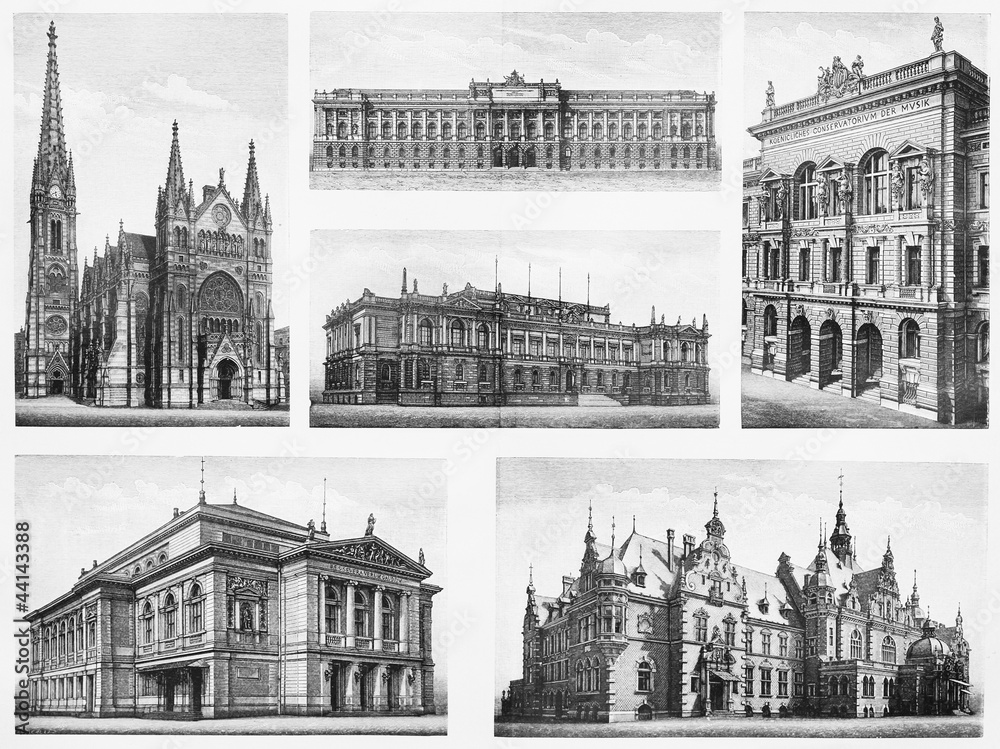 Vintage drawings representing famous Leipzig buildings