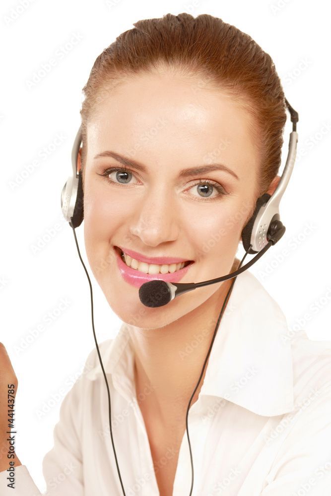 A smiling customer service girl isolated on white background A smiling customer service girl isolated on white background