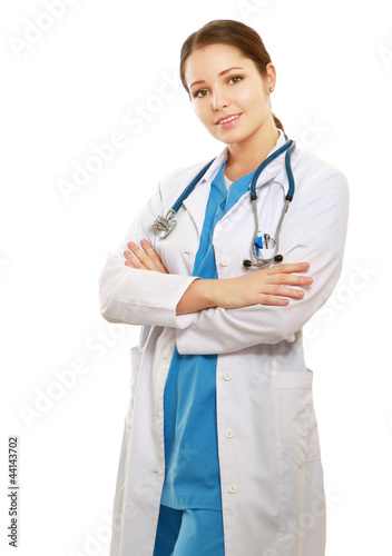 Closeup portait of a female doctor  isolated on white background