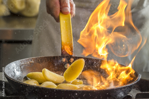 Flambing potatoes