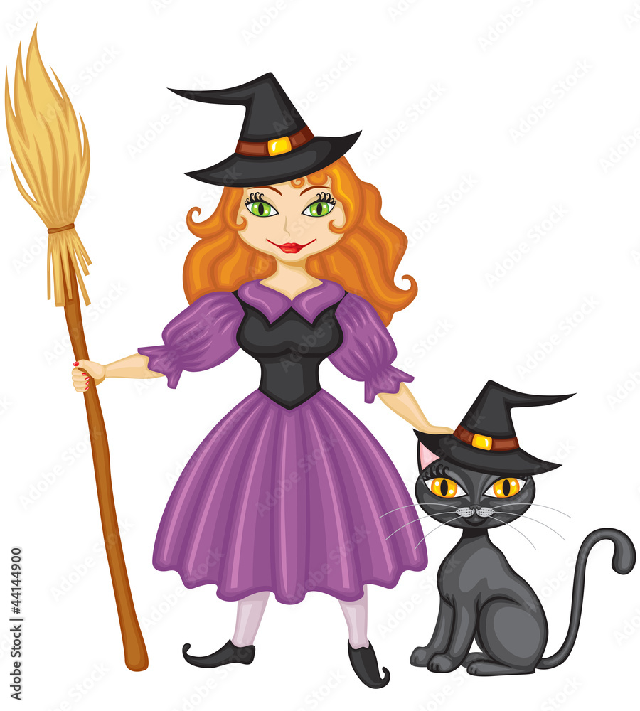 Witch with broom and kitty