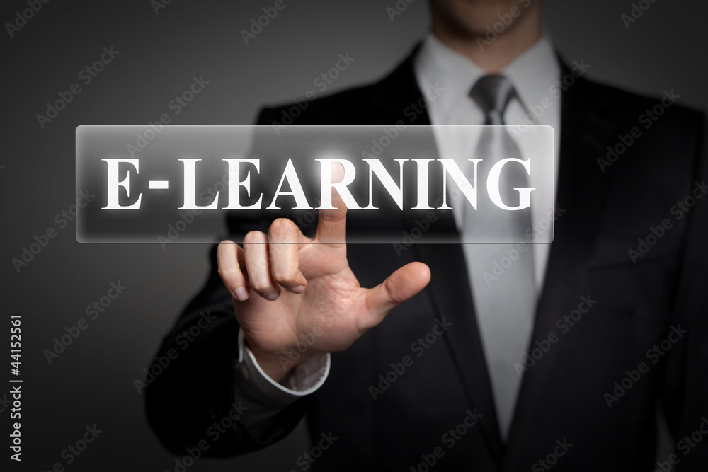 businessman pressing virtual button - E-learning businessman pressing virtual button - E-learning