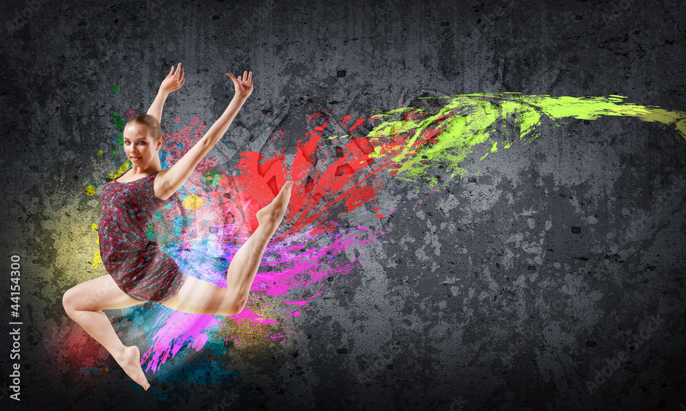 Girl in color dress dancing.Collage