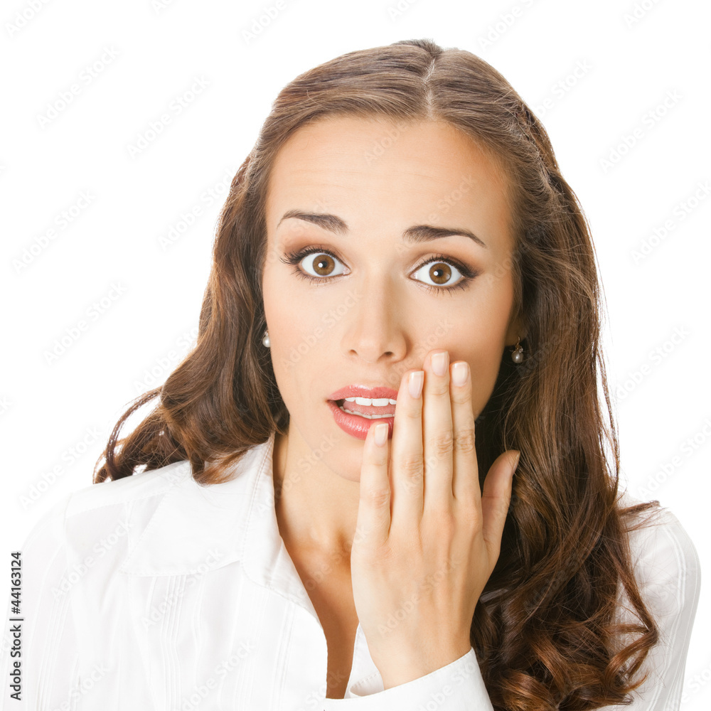 Business woman covering mouth, isolated Business woman covering mouth, isolated