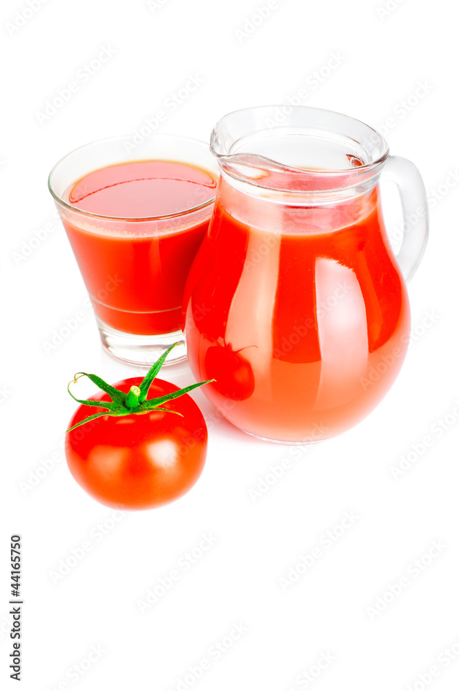 Tomato juice in glass and fresh tomato on white background Tomato juice in glass and fresh tomato on white background