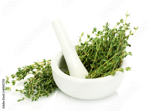 mortar with fresh green thyme isolated on white photo