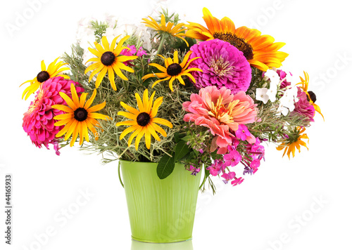 Fototapeta Naklejka Na Ścianę i Meble -  Beautiful bouquet of bright flowers in pail isolated on white