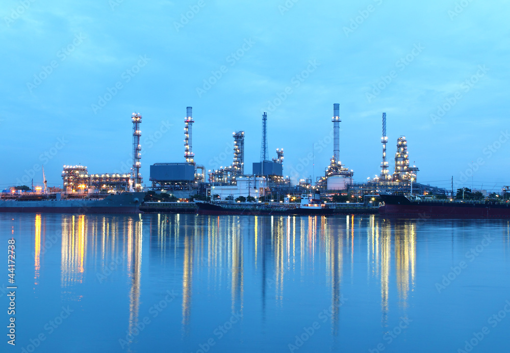 Refinery plant area at twilight, Thailand.