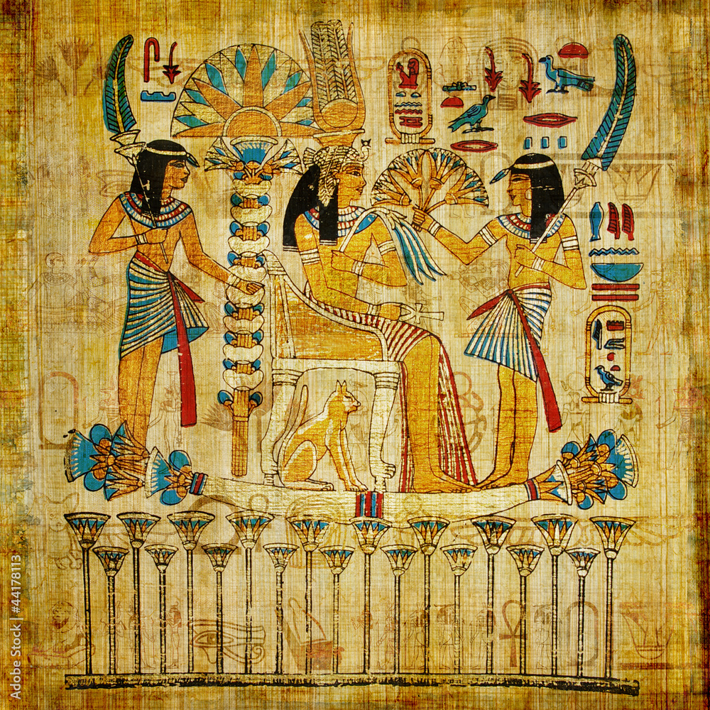 Fototapeta premium Ancient Egyptian papyrus texture with traditional pharaoh figures and hieroglyphics. Vintage retro parchment manuscript with antique handmade golden painting