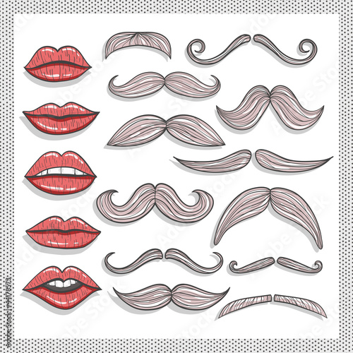 Retro lips and mustaches elements set