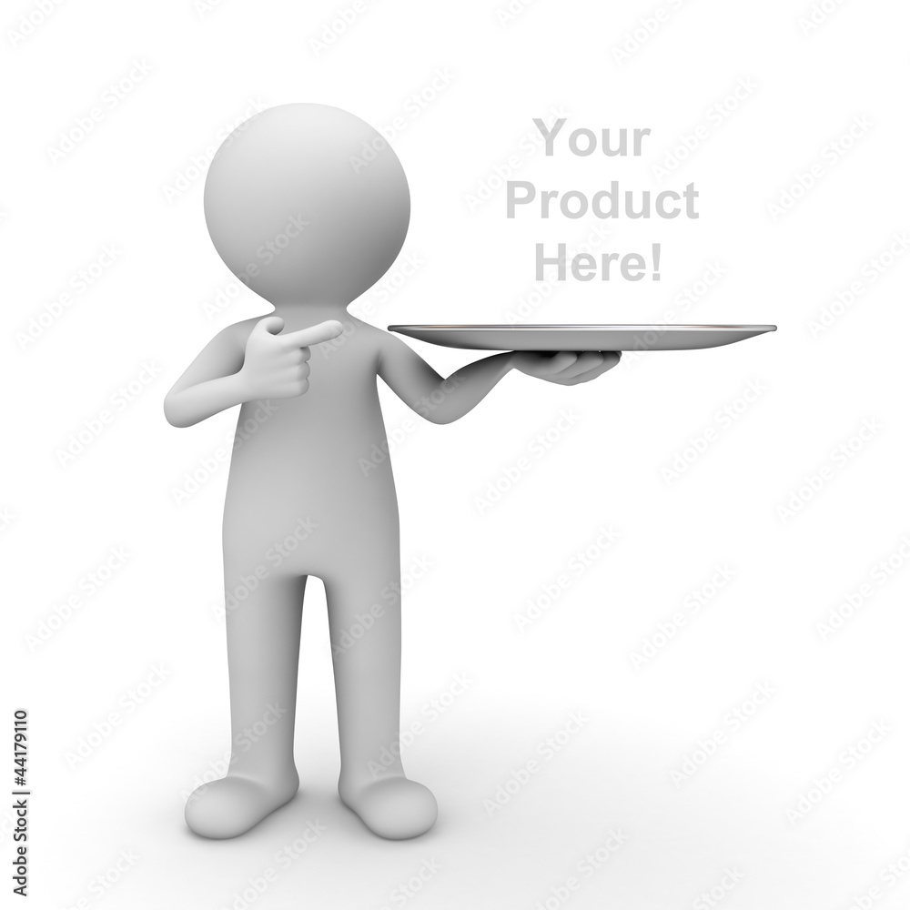 3d man showing product on tray and pointing finger over white 3d man showing product on tray and pointing finger over white