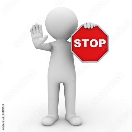 3d man holding stop sign over white background photo