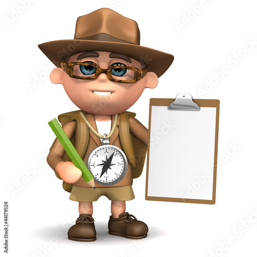 3d Adventurer has a clipboard and pencil