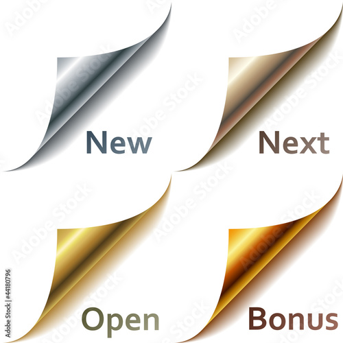 Curled metallic page corners with sample tags.