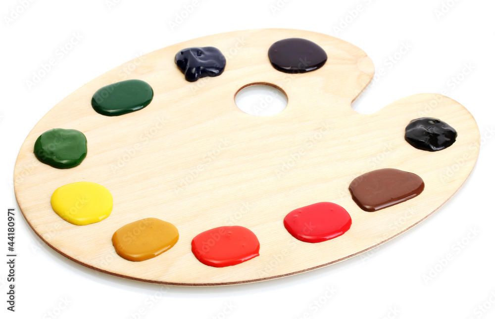 wooden art palette with paint isolated on white wooden art palette with paint isolated on white