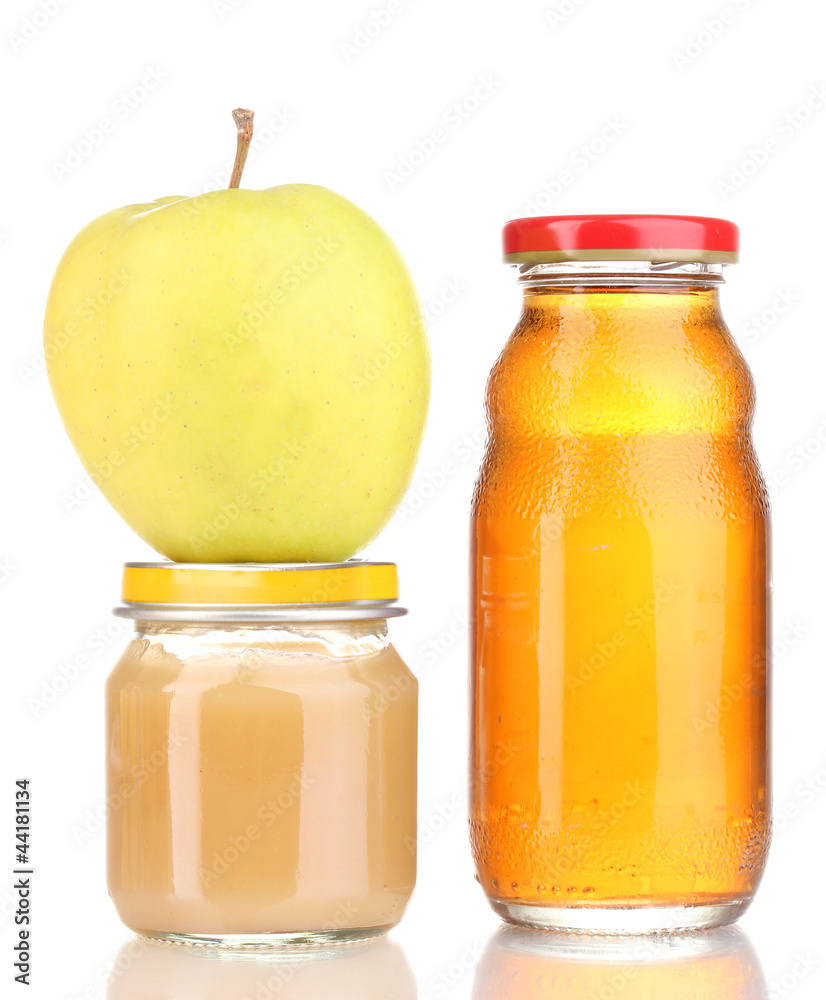 Jar of baby puree and juice with apple isolated on white Jar of baby puree and juice with apple isolated on white