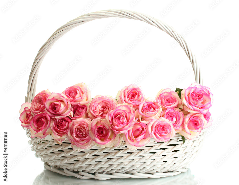 beautiful bouquet of pink roses in basket, isolated on white beautiful bouquet of pink roses in basket, isolated on white