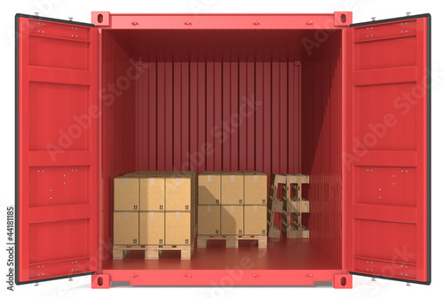 Container with goods. Red Cargo Container. Front view.