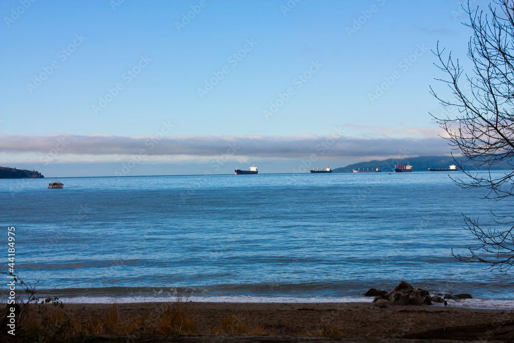 Cargo ships in the harbor.