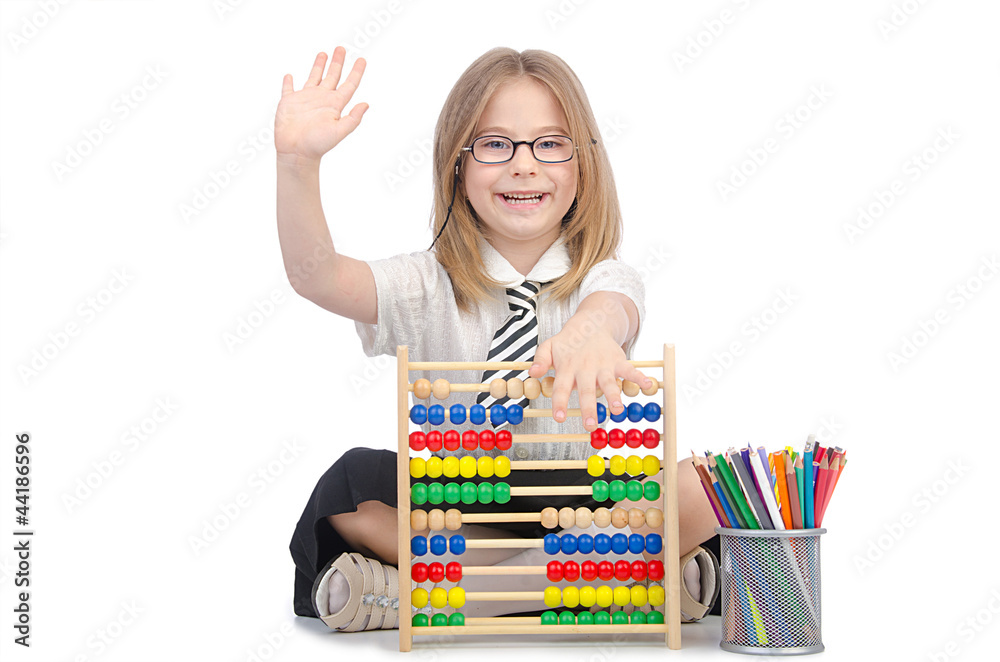 Girl with abacus on white