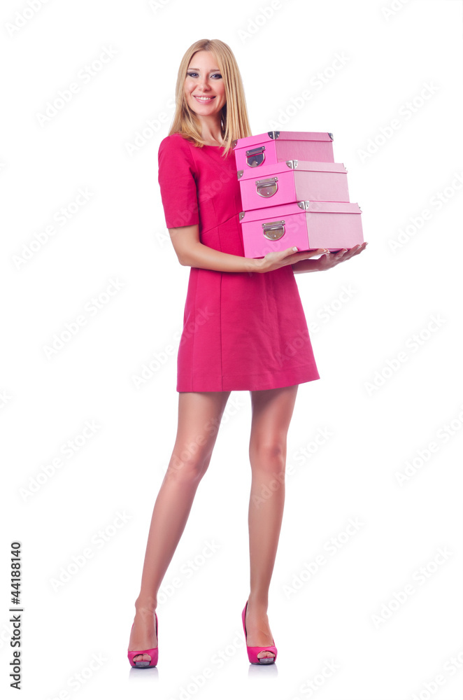 Woman with stack of giftboxes Woman with stack of giftboxes
