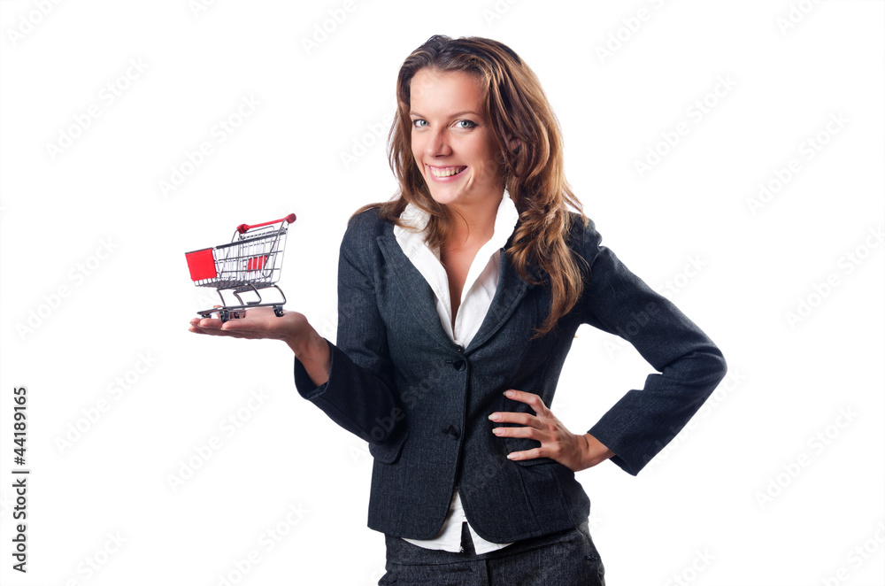 Attractive businesswoman with shopping cart Attractive businesswoman with shopping cart