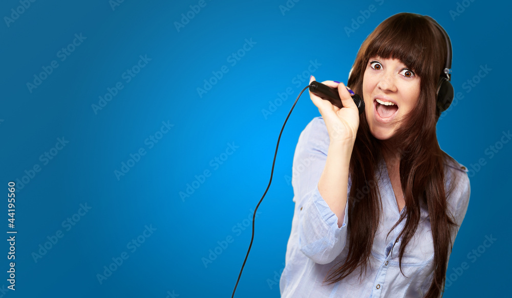 Girl With Headset Singing On Mike Girl With Headset Singing On Mike