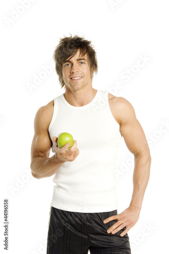 Man holding an apple isolated on a white background