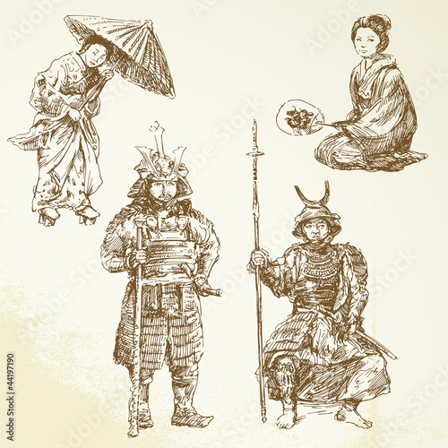samurai - warrior in Japanese tradition - hand drawn collection