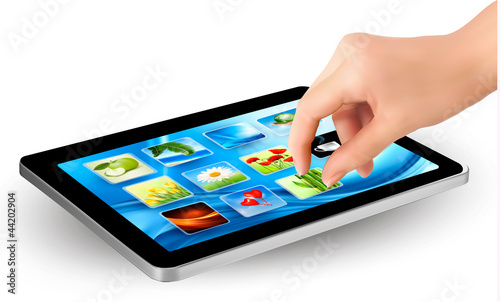 Fingers touching screen of touchpad with icons.