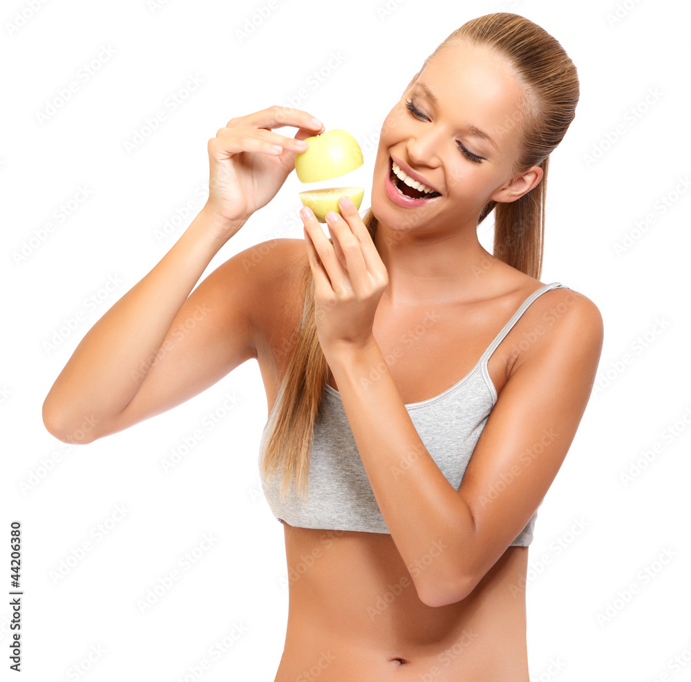closeup portrait of a healthy woman with apples closeup portrait of a healthy woman with apples