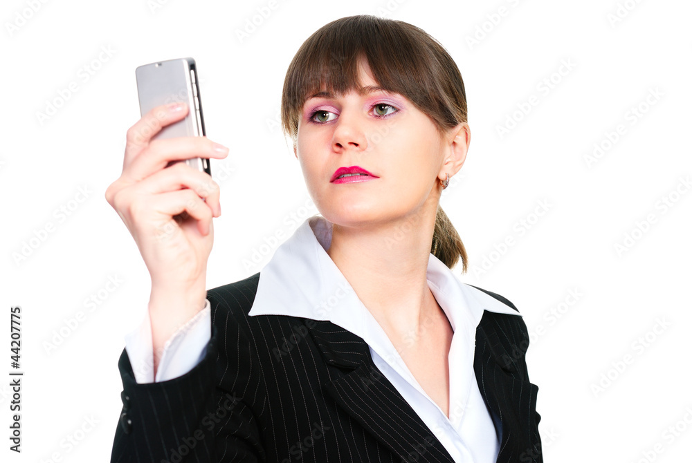 Beautiful business woman with corporate phone Beautiful business woman with corporate phone