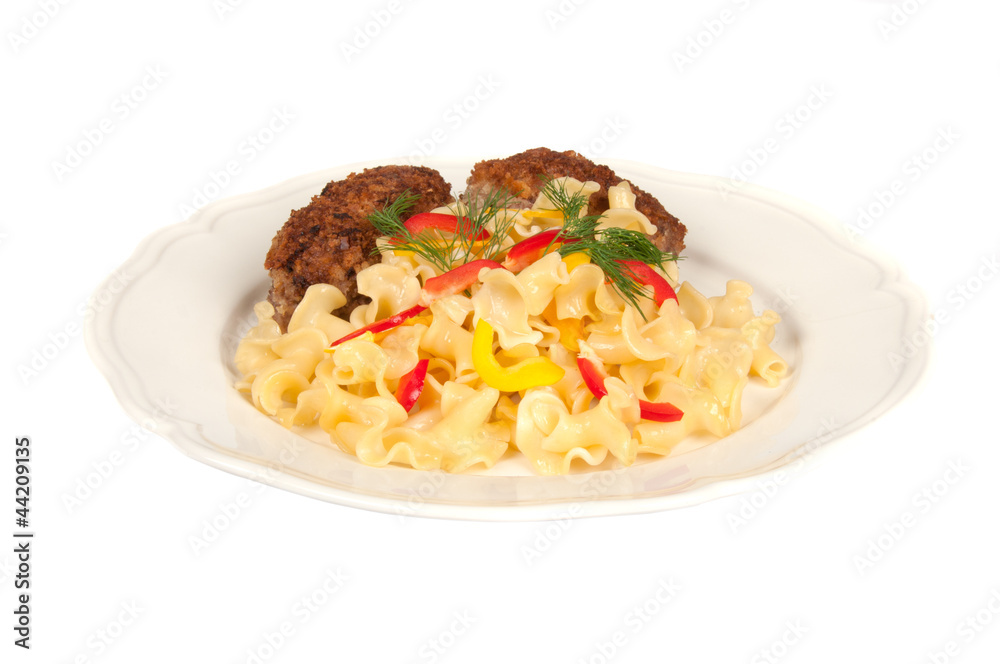 Chicken schnitzel and pasta