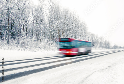 Red bus in winter