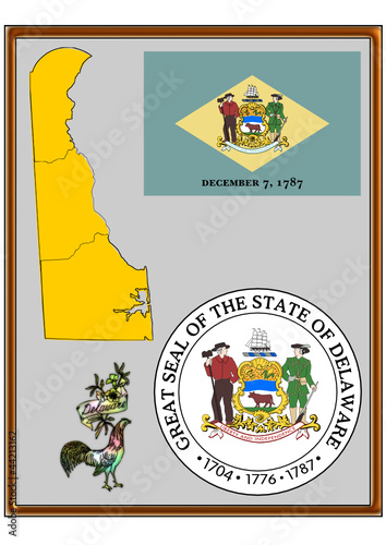 USA state Delaware flag map coat bird