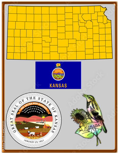 USA state Kansas flag map coat bird