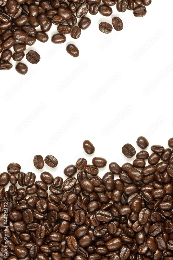 many coffee beans on white background with space many coffee beans on white background with space
