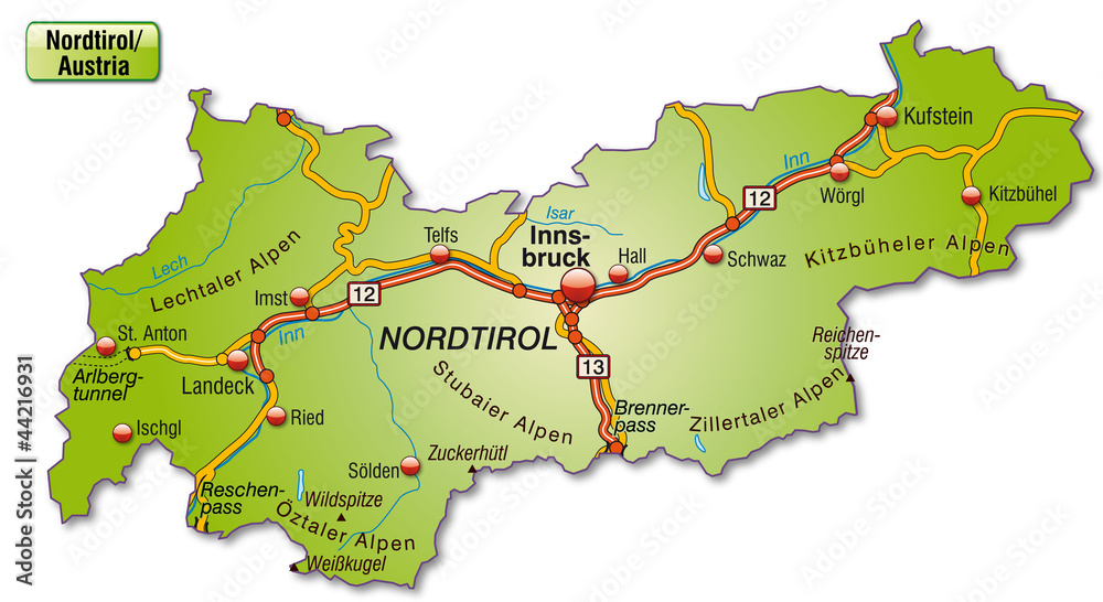 Inselkarte von Tirol mit Autobahnen
